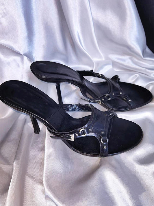 Black Cross-Strap Open-Toe Stiletto Sandals