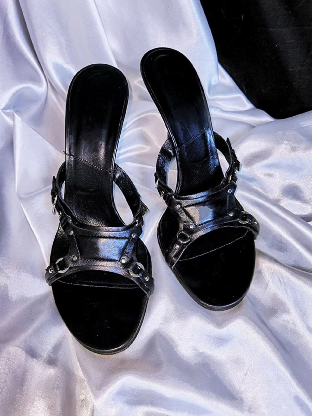 Black Cross-Strap Open-Toe Stiletto Sandals