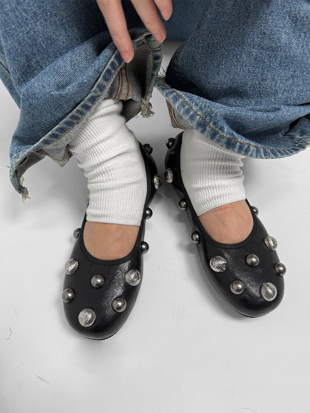 Black Crystal-Stud Ballet Flats - Skipkicks