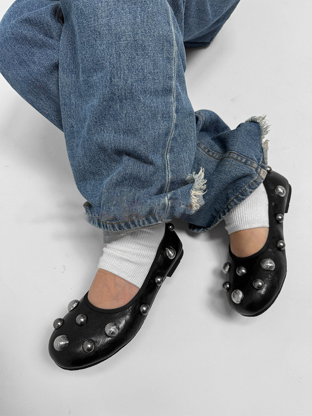 Black Crystal-Stud Ballet Flats - Skipkicks
