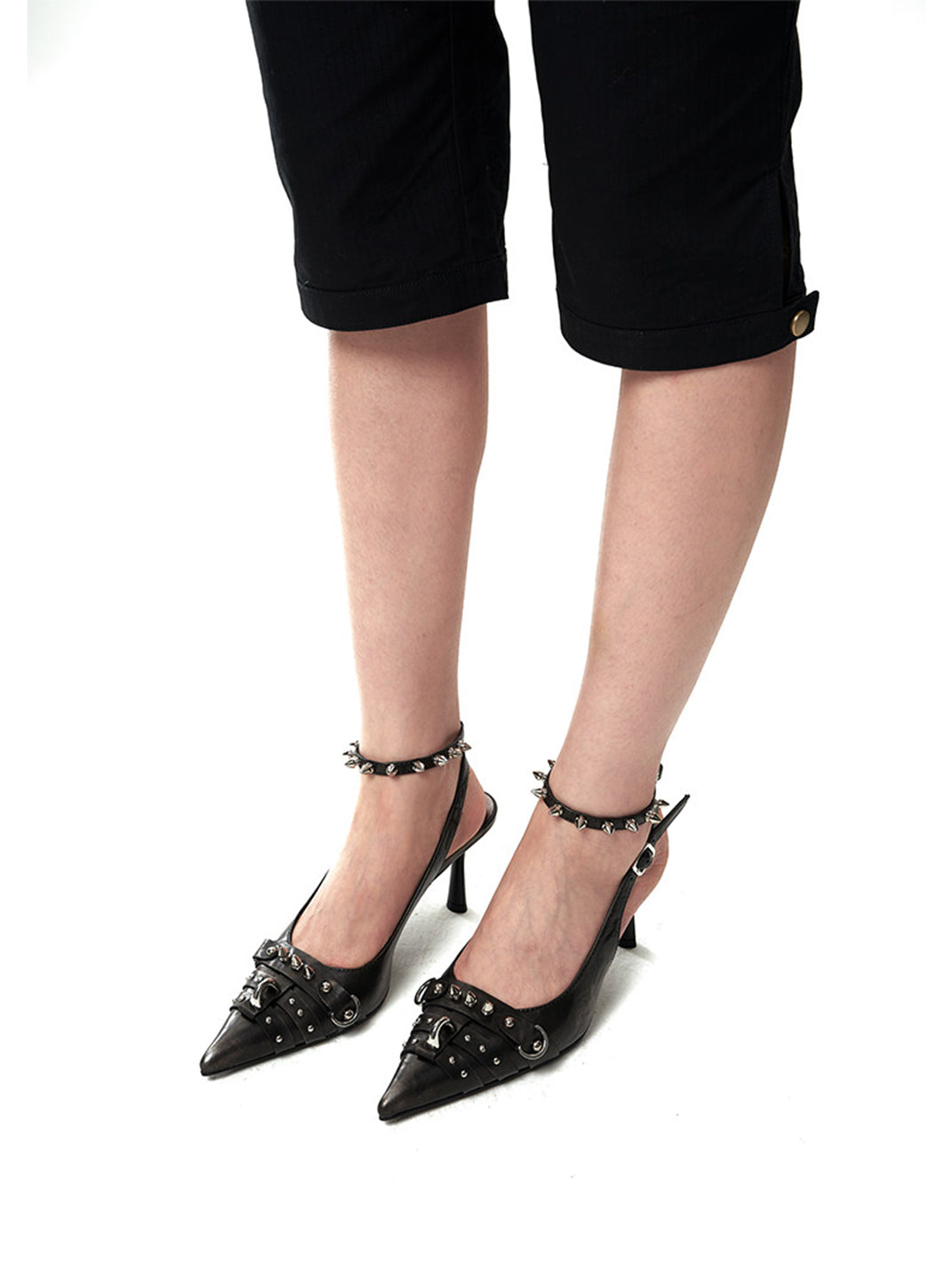Black Distressed Studded Slingback Pumps - Skipkicks