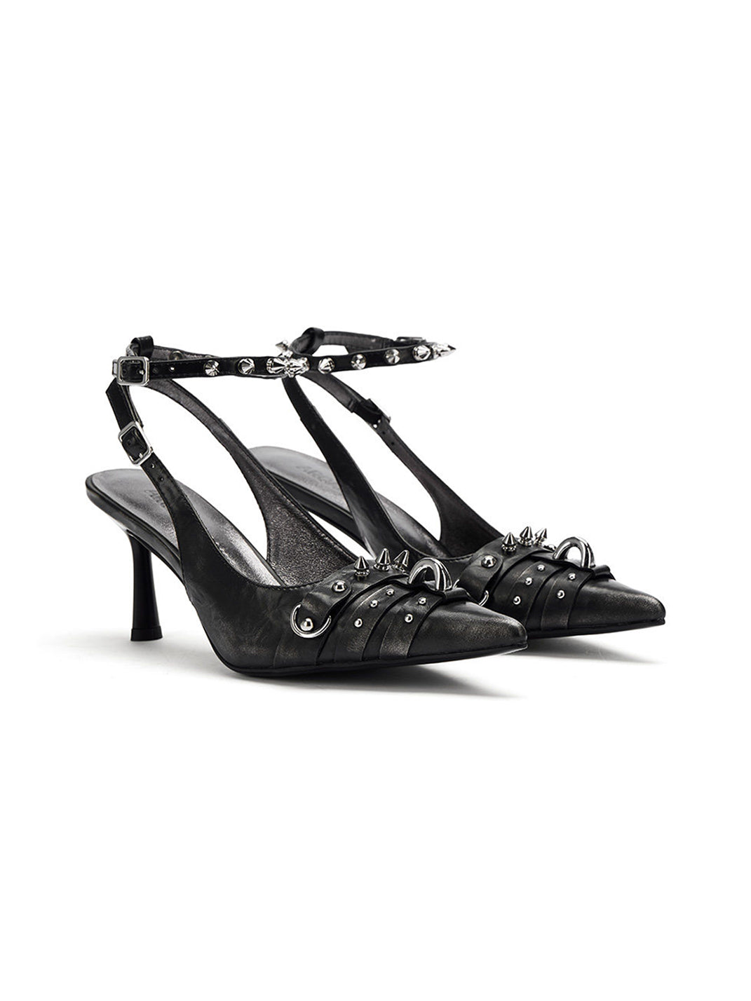 Black Distressed Studded Slingback Pumps - Skipkicks