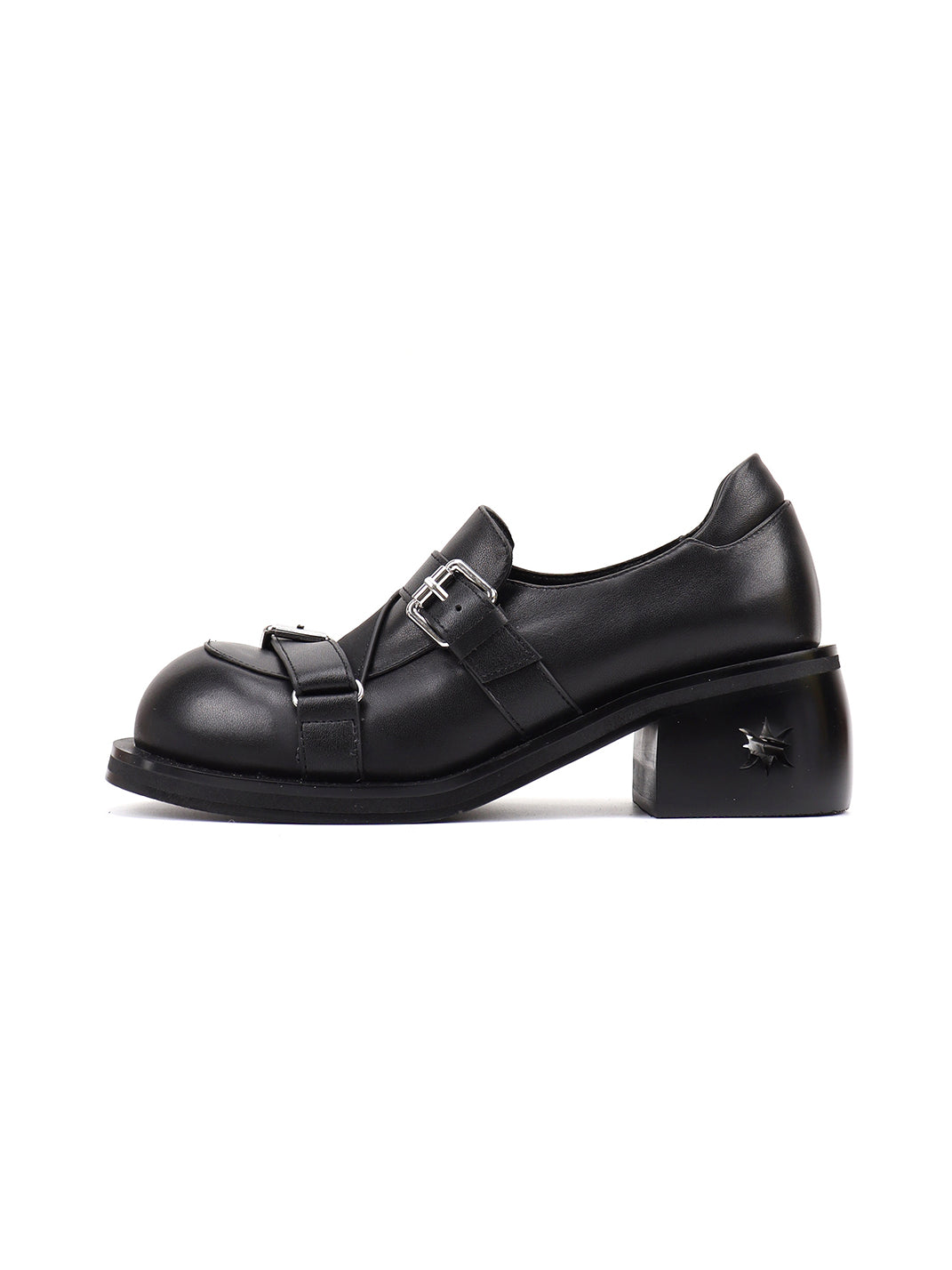 Black Double-Buckle Block-Heel Loafers - Skipkicks
