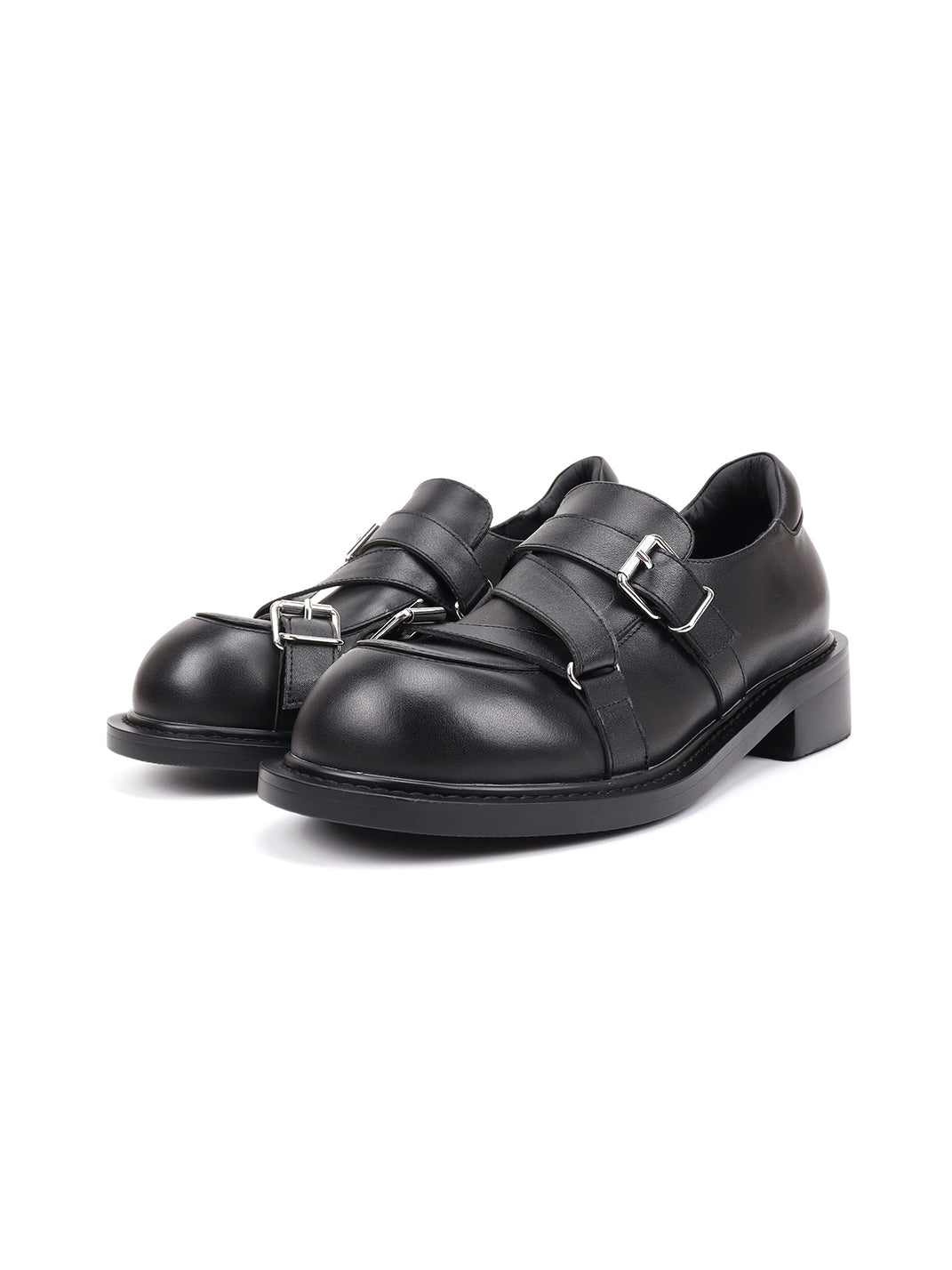 Black Double-Buckle Block-Heel Loafers - Skipkicks