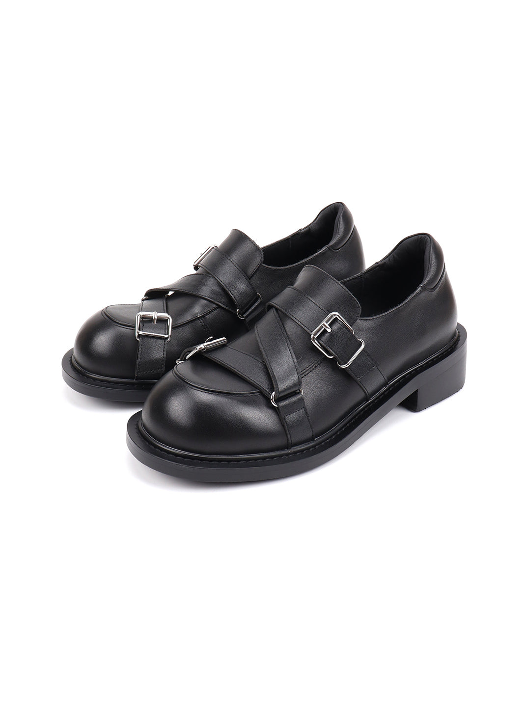 Black Double-Buckle Block-Heel Loafers - Skipkicks