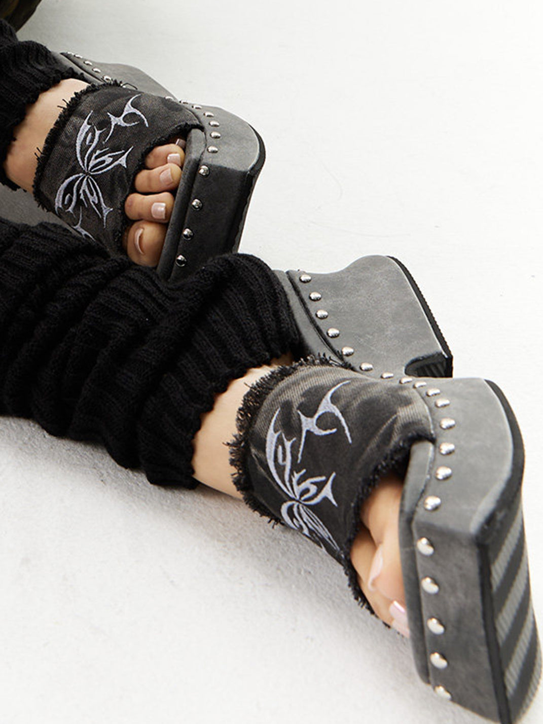 Black Embroidered Butterfly Platform Mules - Skipkicks