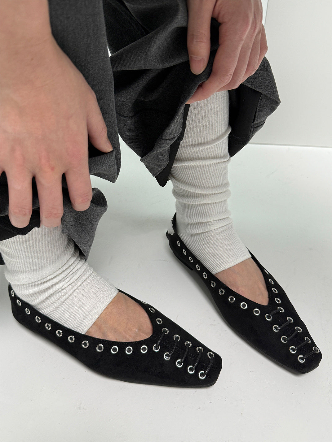 Black Eyelet-Trim Square-Toe Ballet Flats - Skipkicks