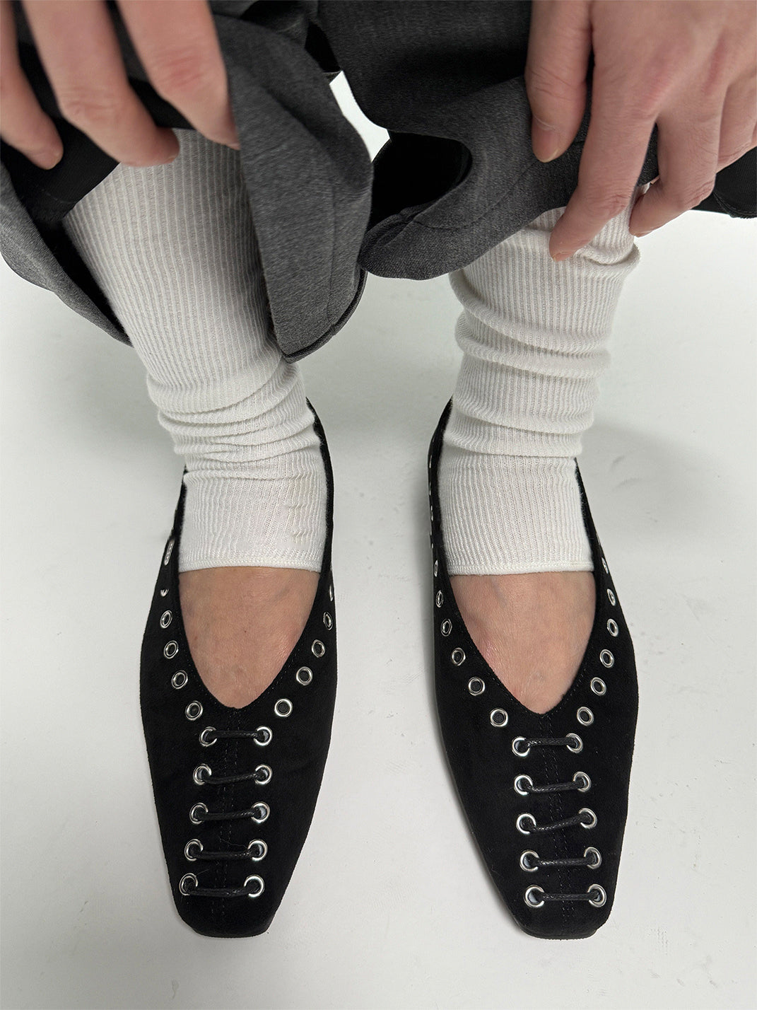 Black Eyelet-Trim Square-Toe Ballet Flats - Skipkicks