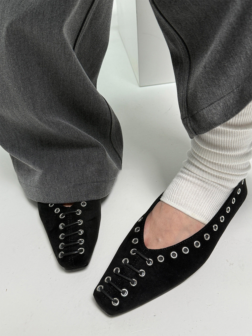 Black Eyelet-Trim Square-Toe Ballet Flats - Skipkicks