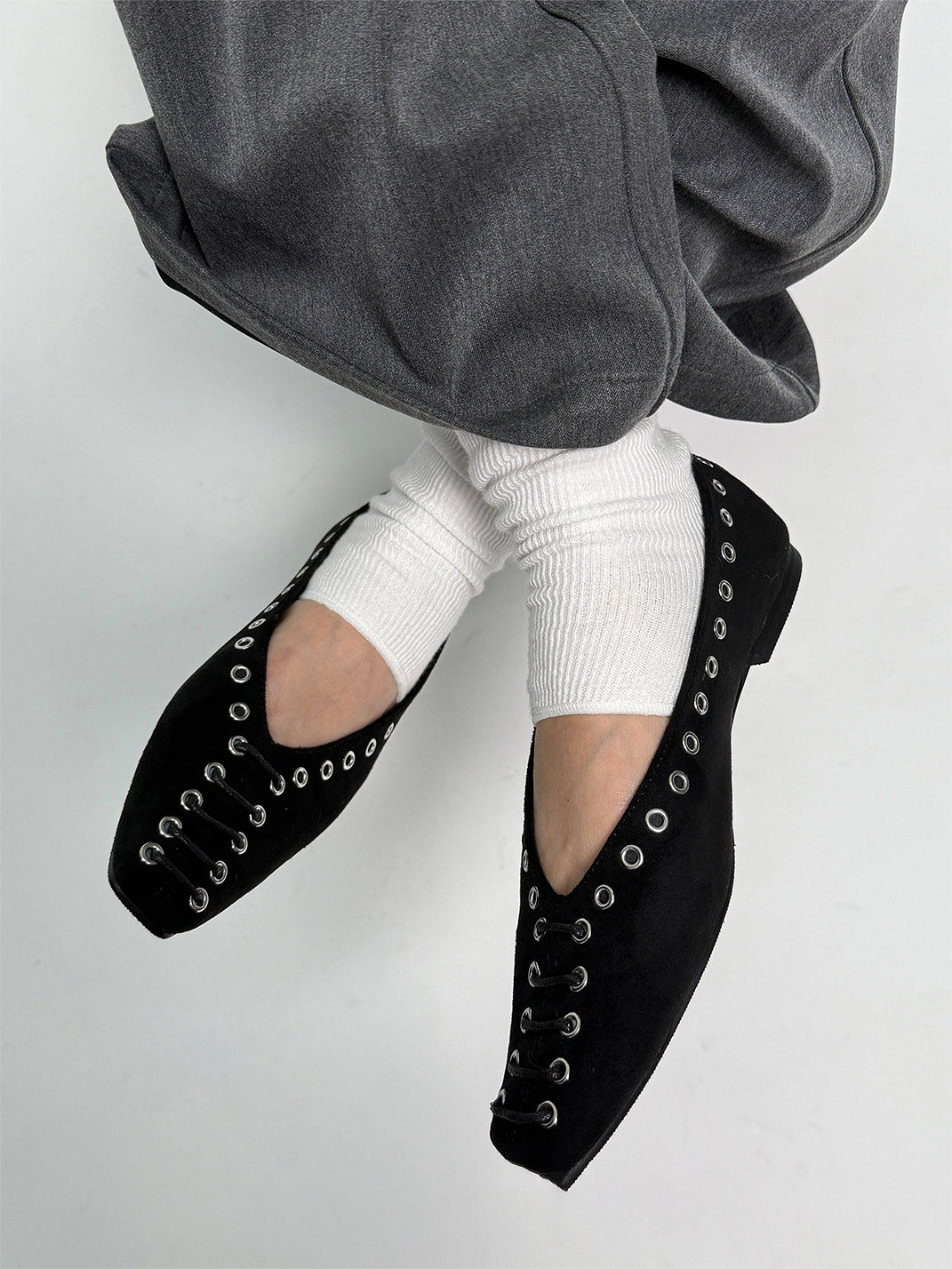 Black Eyelet-Trim Square-Toe Ballet Flats - Skipkicks
