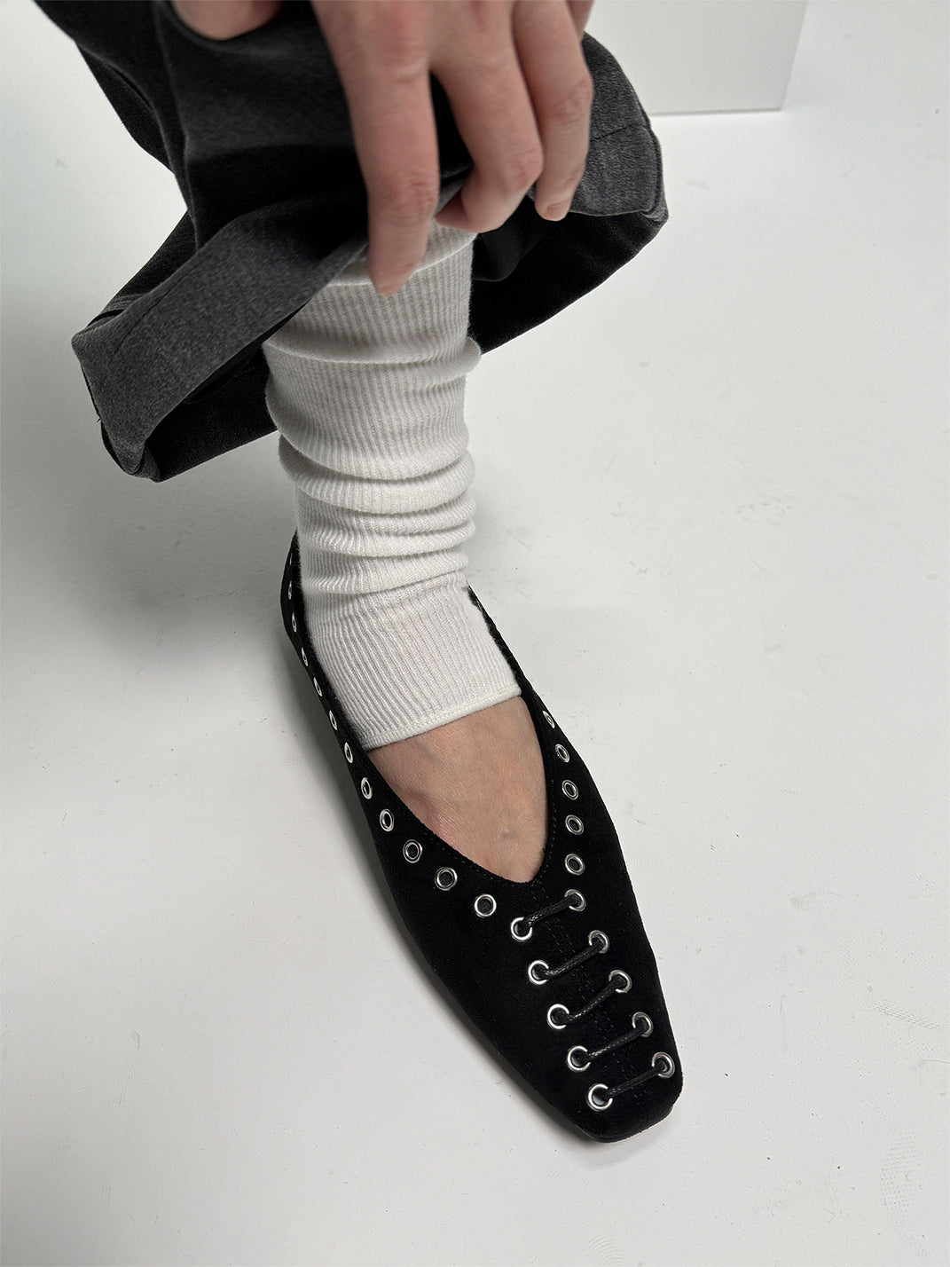 Black Eyelet-Trim Square-Toe Ballet Flats - Skipkicks