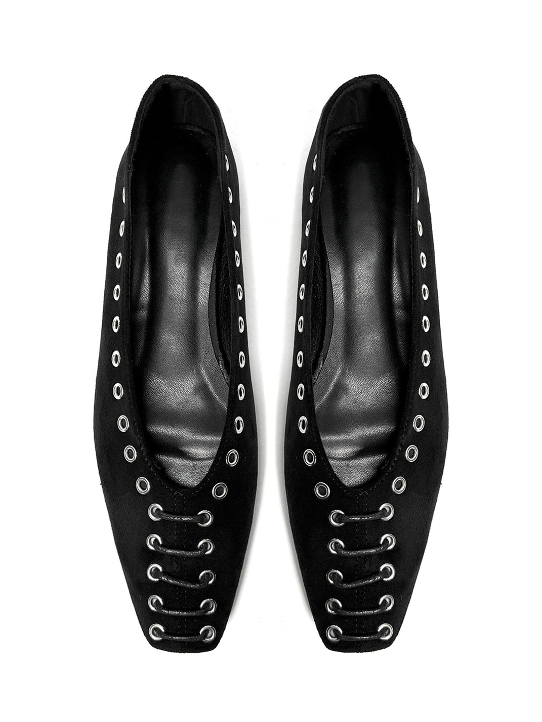 Black Eyelet-Trim Square-Toe Ballet Flats - Skipkicks
