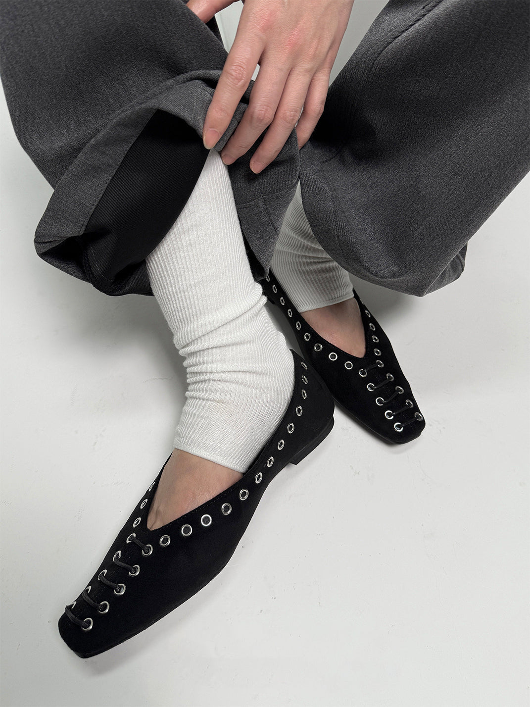 Black Eyelet-Trim Square-Toe Ballet Flats - Skipkicks