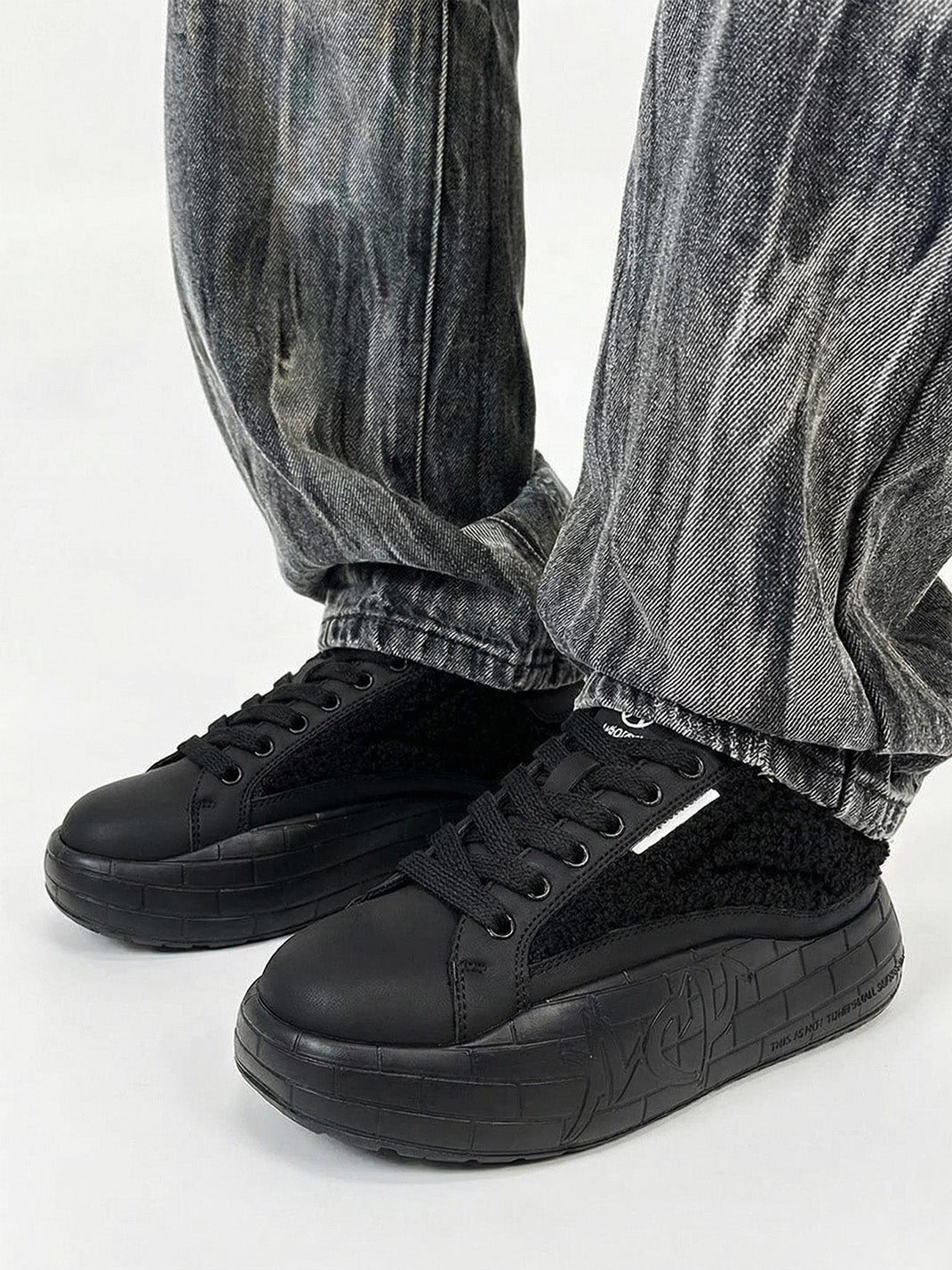 Black Fleece-Panel Platform Sneakers - Skipkicks