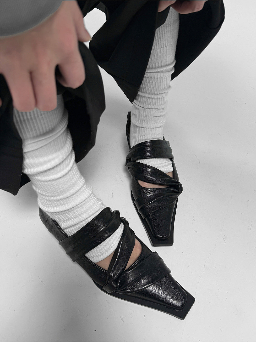 Black Knotted Square-Toe Leather Flats - Skipkicks