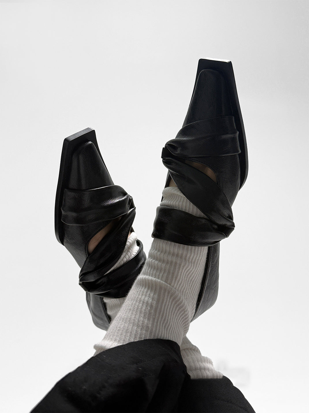 Black Knotted Square-Toe Leather Flats - Skipkicks