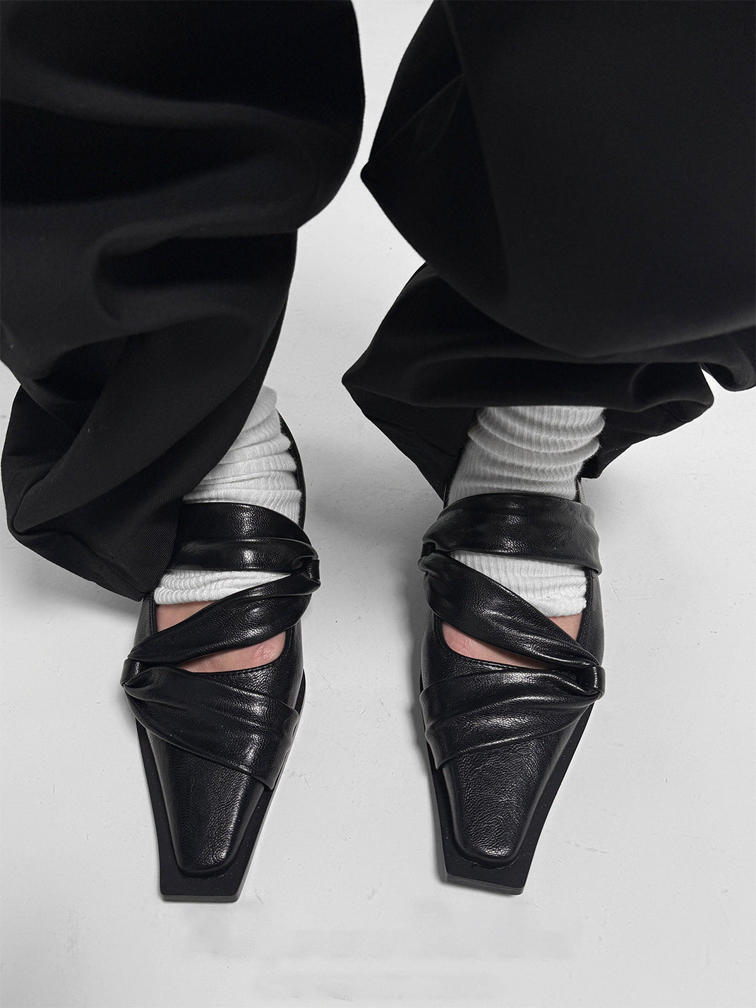 Black Knotted Square-Toe Leather Flats - Skipkicks