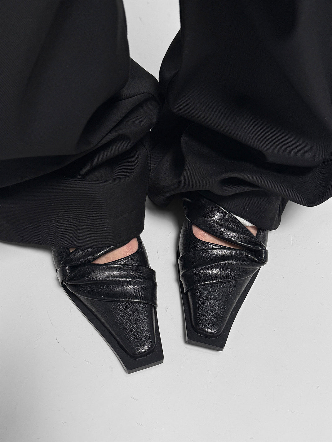 Black Knotted Square-Toe Leather Flats - Skipkicks