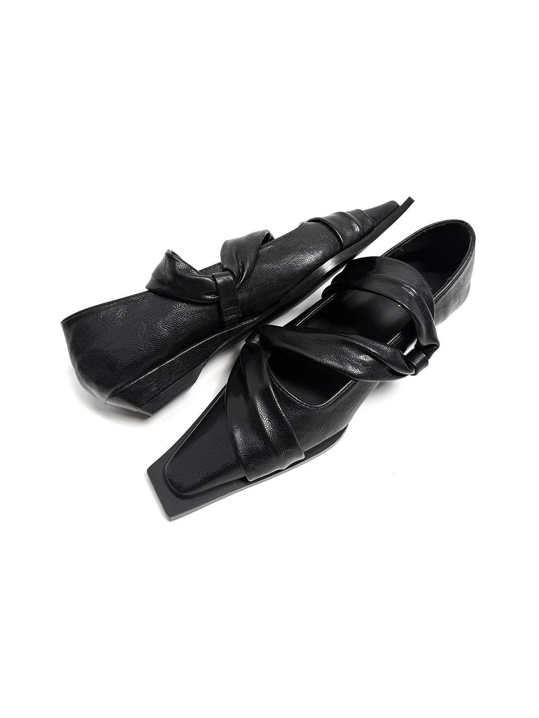 Black Knotted Square-Toe Leather Flats - Skipkicks