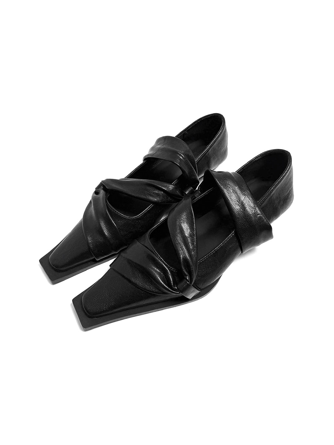 Black Knotted Square-Toe Leather Flats - Skipkicks