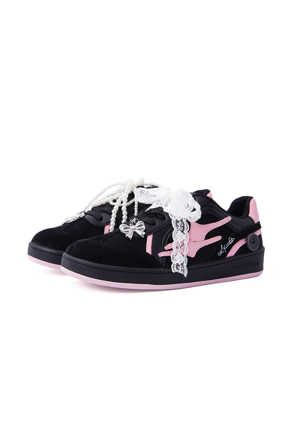 Black Pink Bow-Applique Trainer Sneakers - Skipkicks