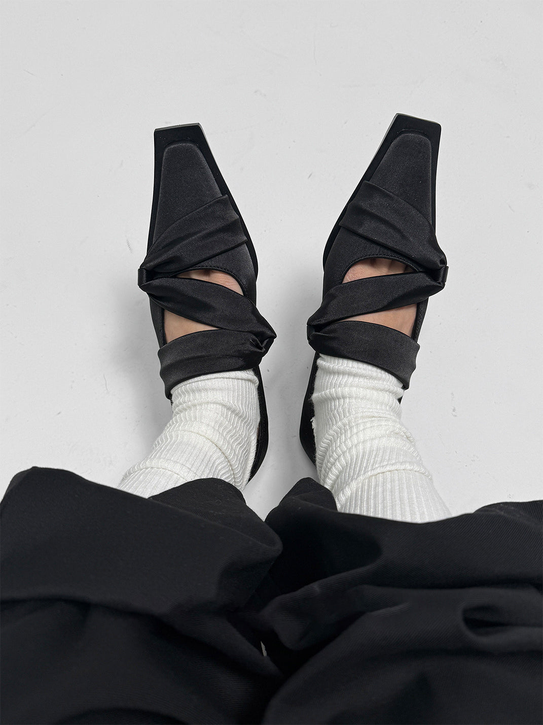 Black Satin Bow Square-Toe Ballet Flats - Skipkicks