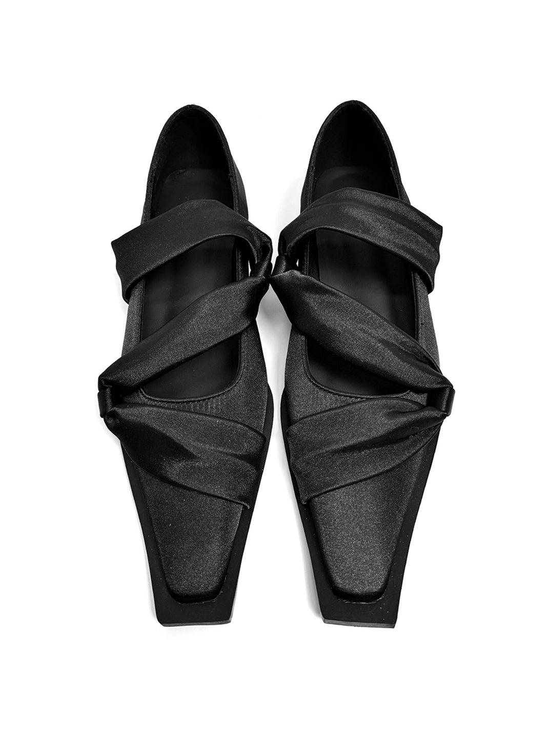 Black Satin Bow Square-Toe Ballet Flats - Skipkicks