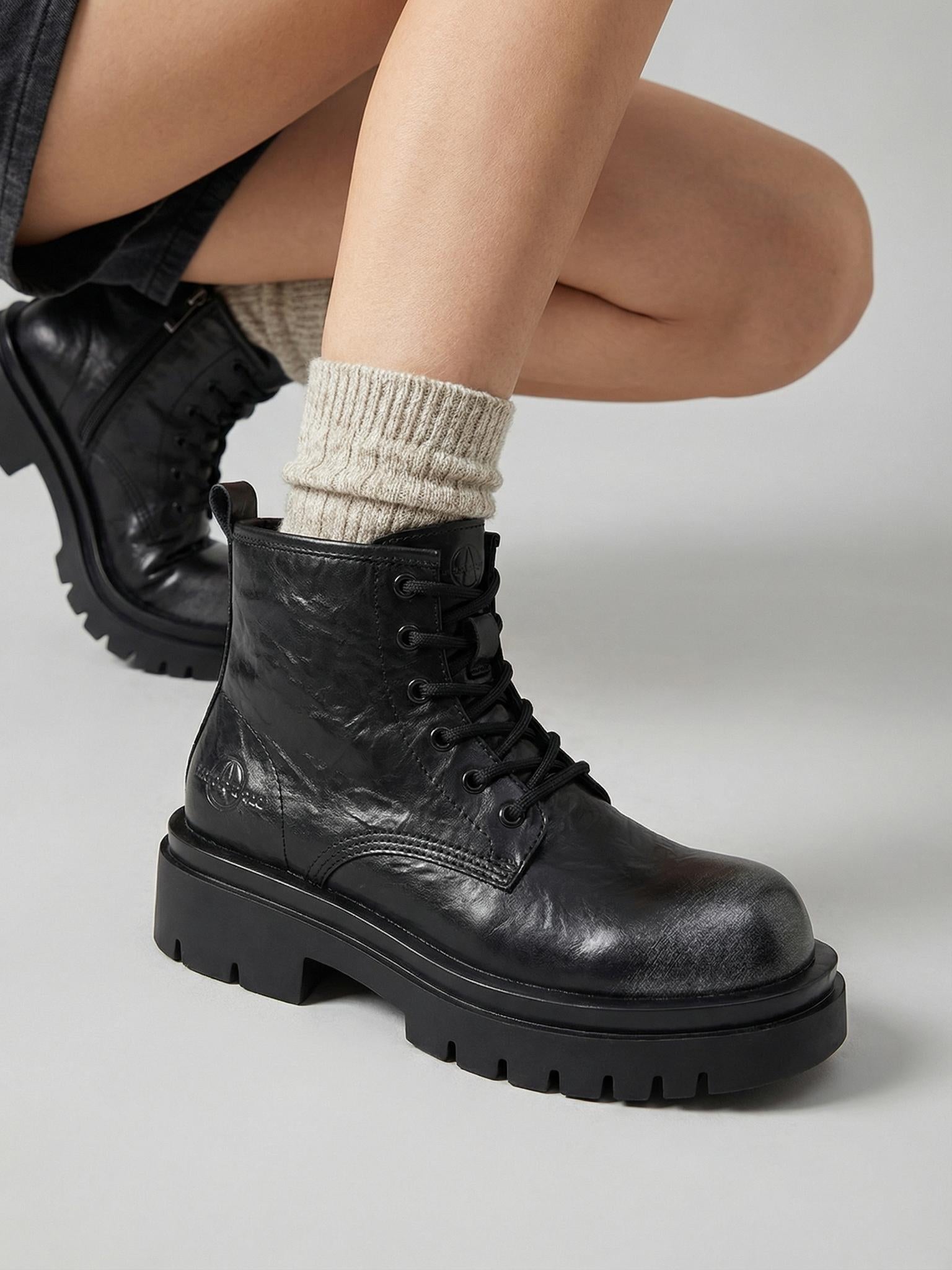 Black Side-Zip Lace-Up Combat Boots - Skipkicks