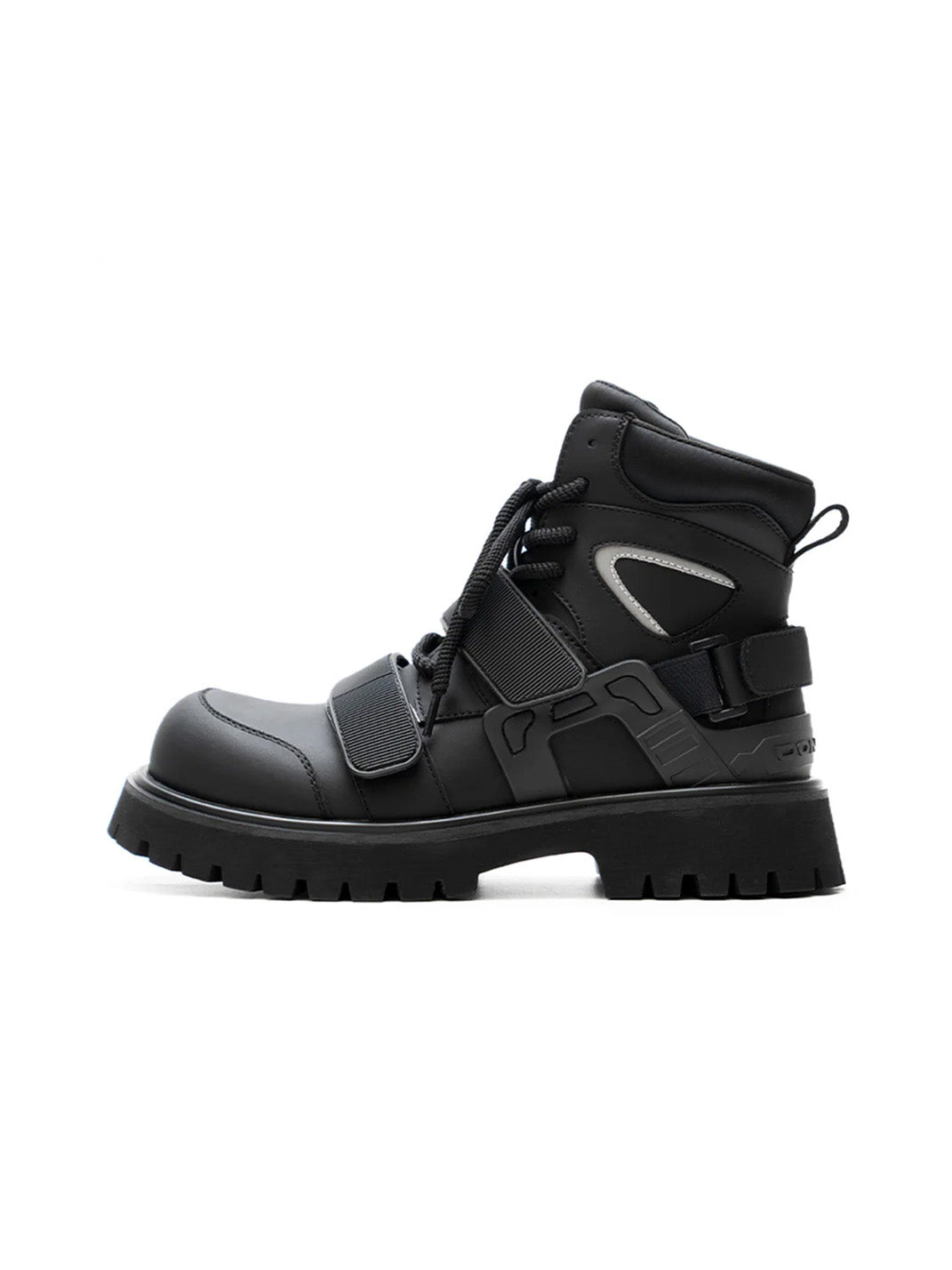 Black Velcro-Strap Lug-Sole Moto Boots - Skipkicks