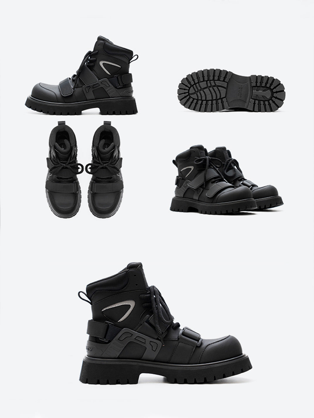 Black Velcro-Strap Lug-Sole Moto Boots - Skipkicks