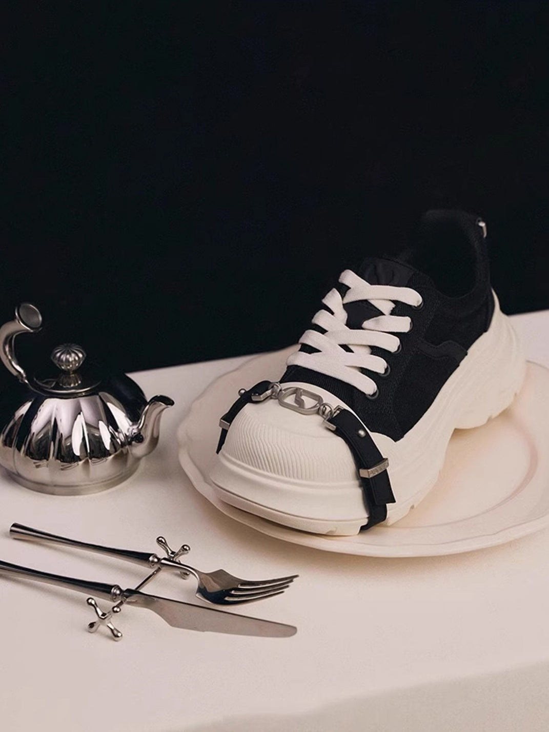 Black White Buckle Platform Canvas Sneakers - Skipkicks