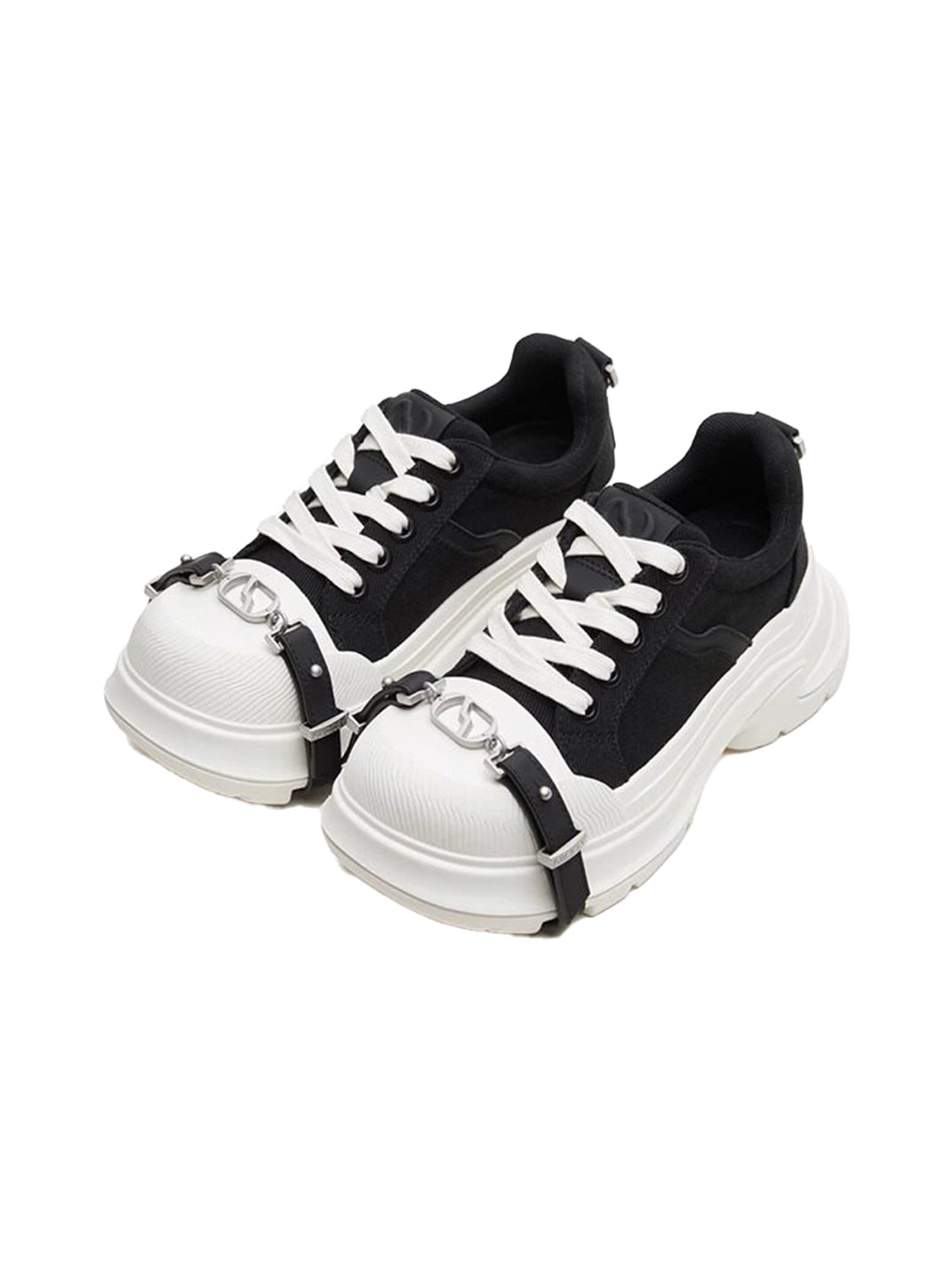 Black White Buckle Platform Canvas Sneakers - Skipkicks