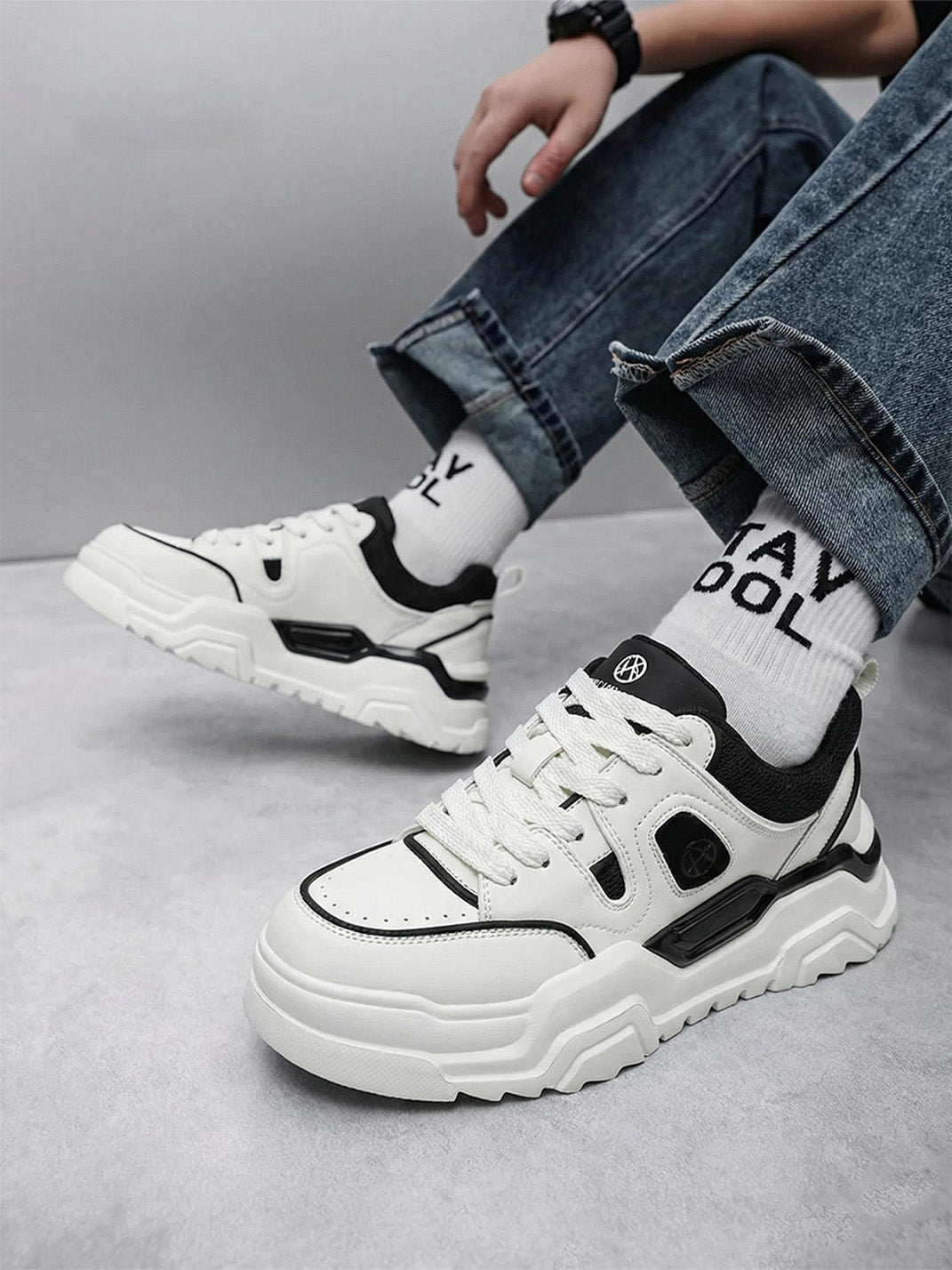 Black White Cutout Platform Sneakers - Skipkicks