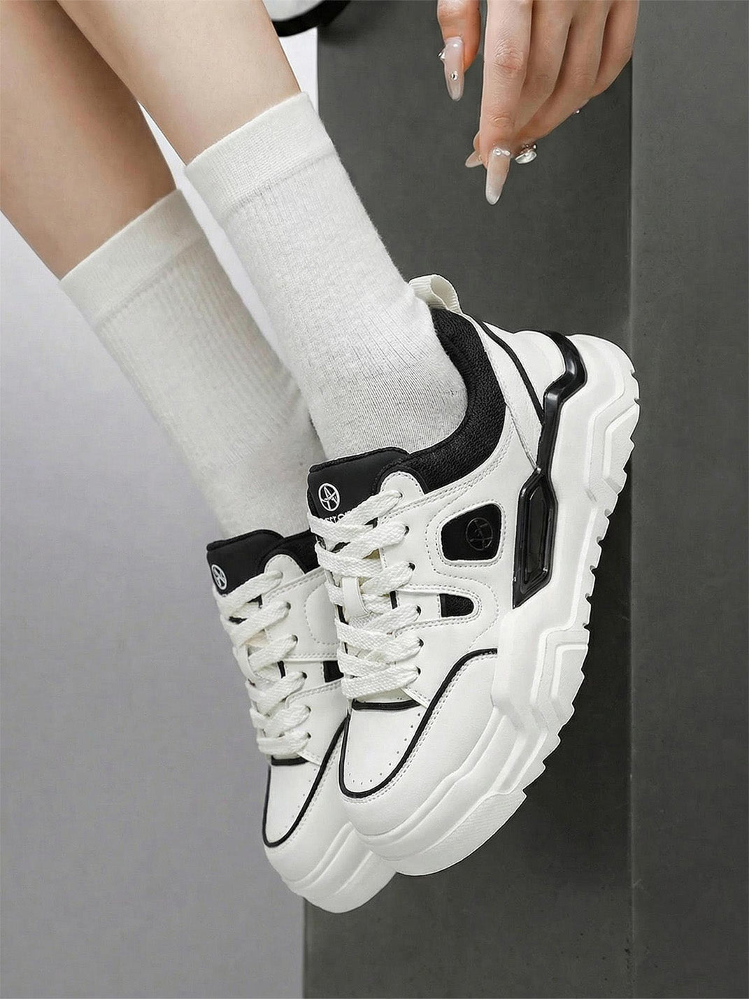 Black White Cutout Platform Sneakers - Skipkicks