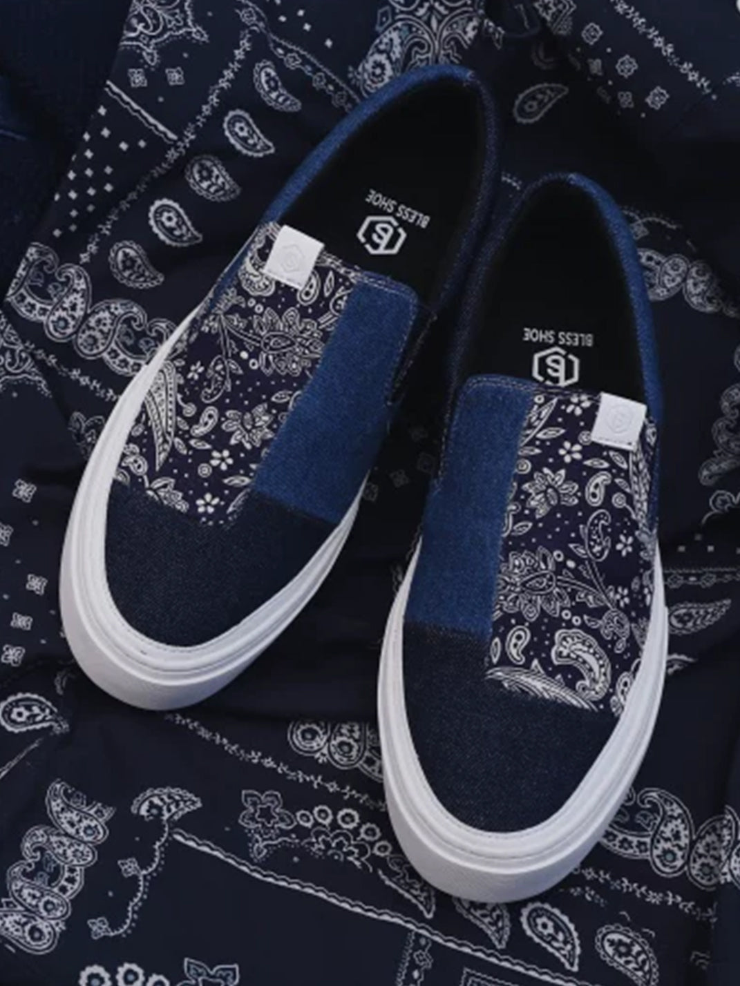 Blue Paisley Patchwork Slip-On Sneakers - Skipkicks
