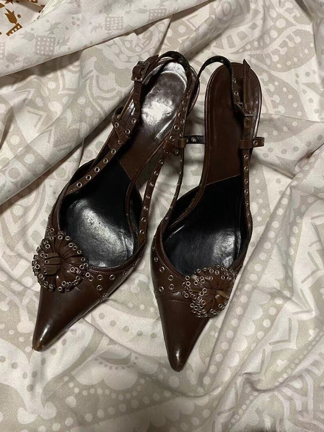 Brown Crystal-Stud Pointed Slingback Heels - Skipkicks