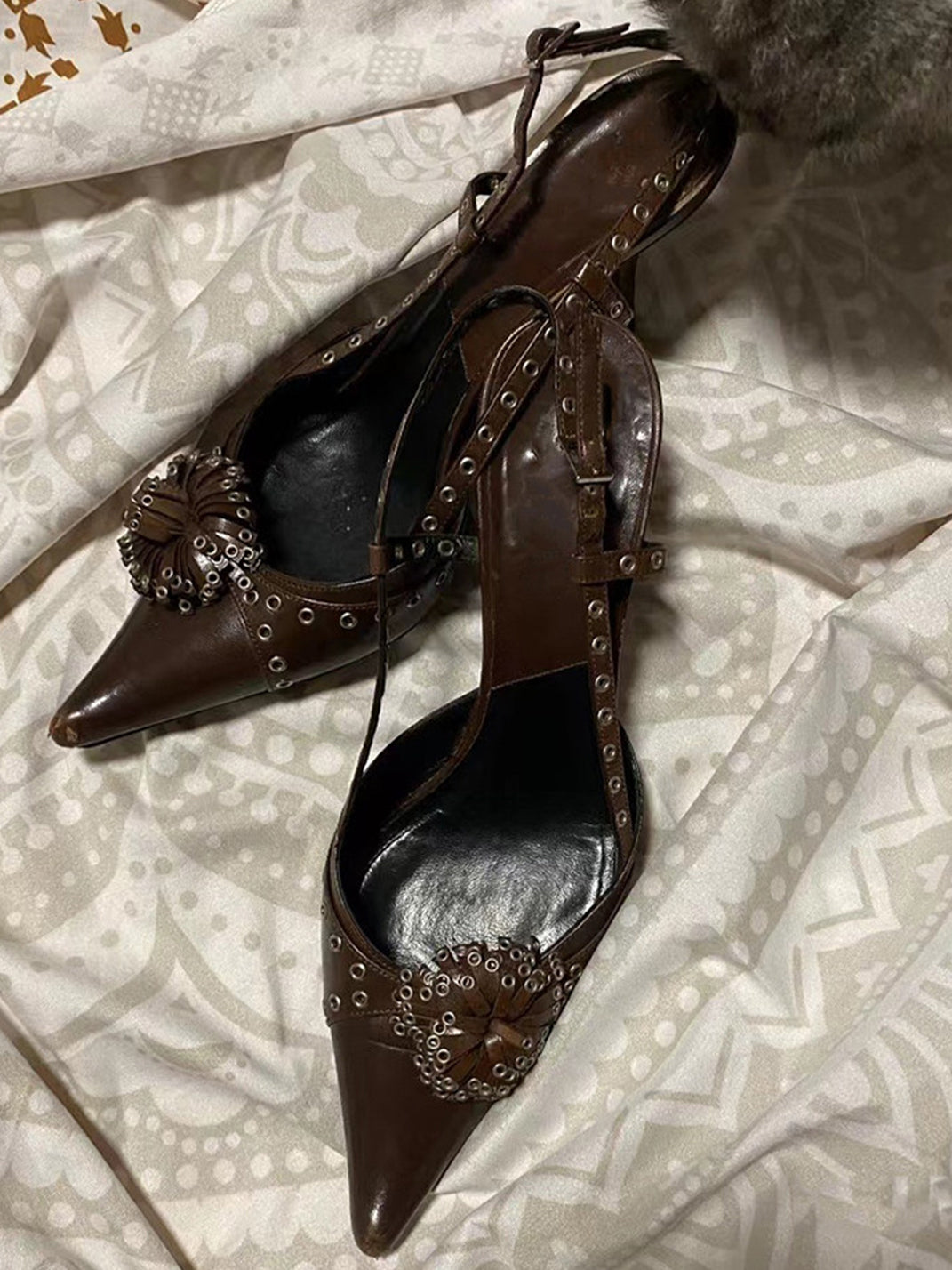 Brown Crystal-Stud Pointed Slingback Heels - Skipkicks