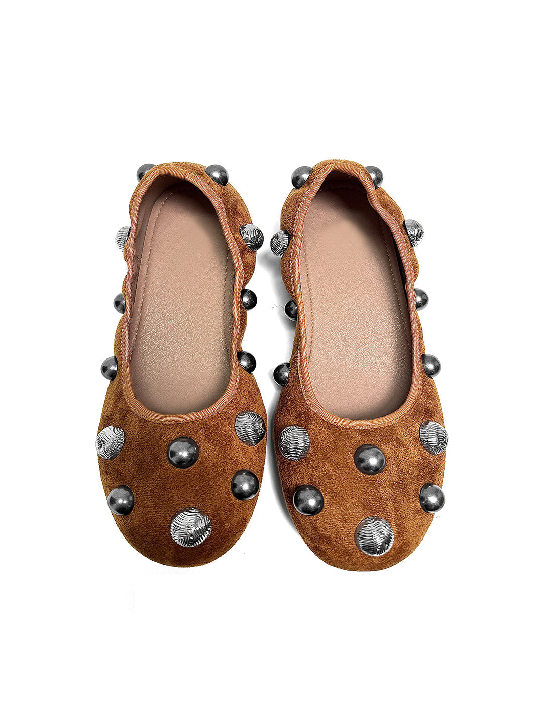 Brown Crystal-Stud Suede Ballet Flats - Skipkicks