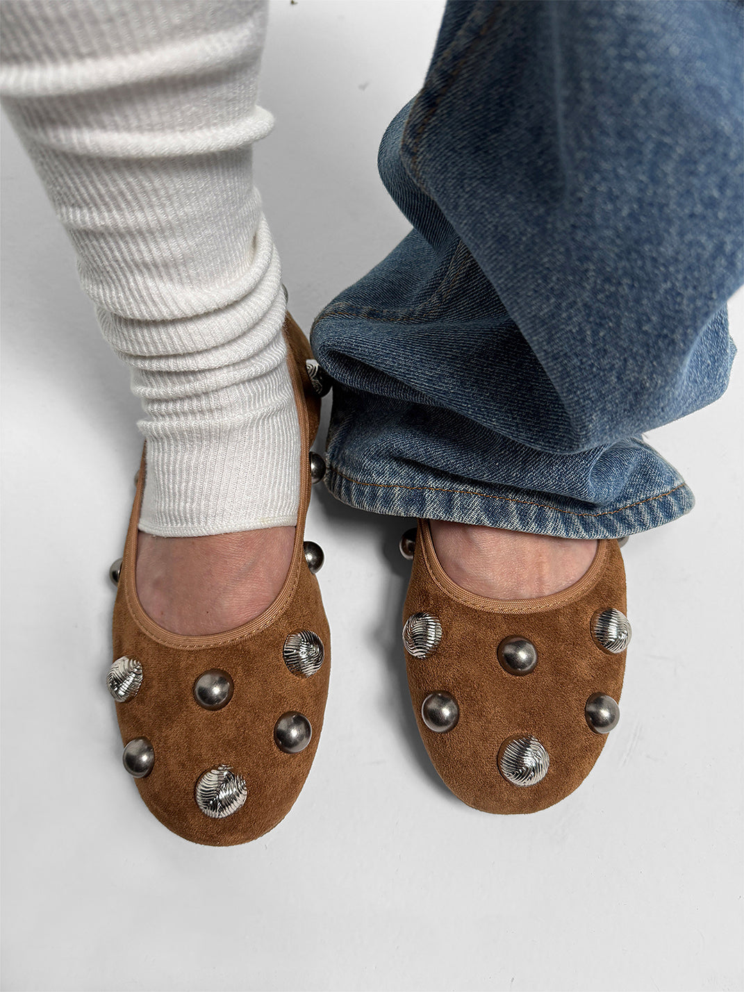 Brown Crystal-Stud Suede Ballet Flats - Skipkicks