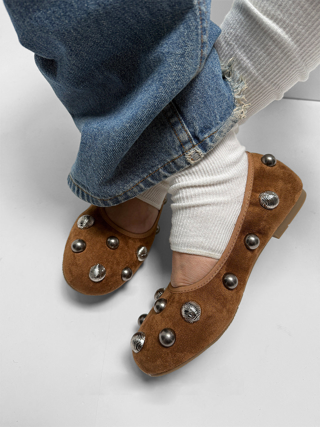 Brown Crystal-Stud Suede Ballet Flats - Skipkicks