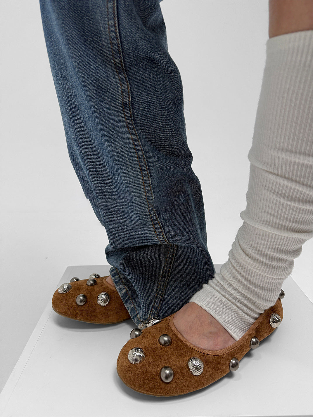 Brown Crystal-Stud Suede Ballet Flats - Skipkicks