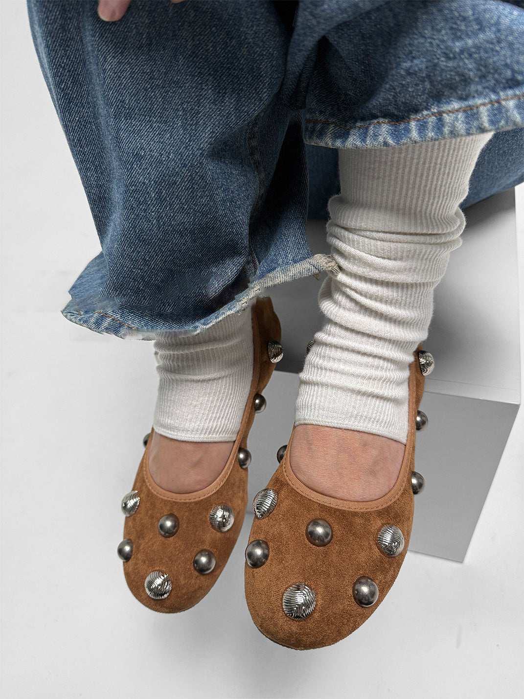 Brown Crystal-Stud Suede Ballet Flats - Skipkicks