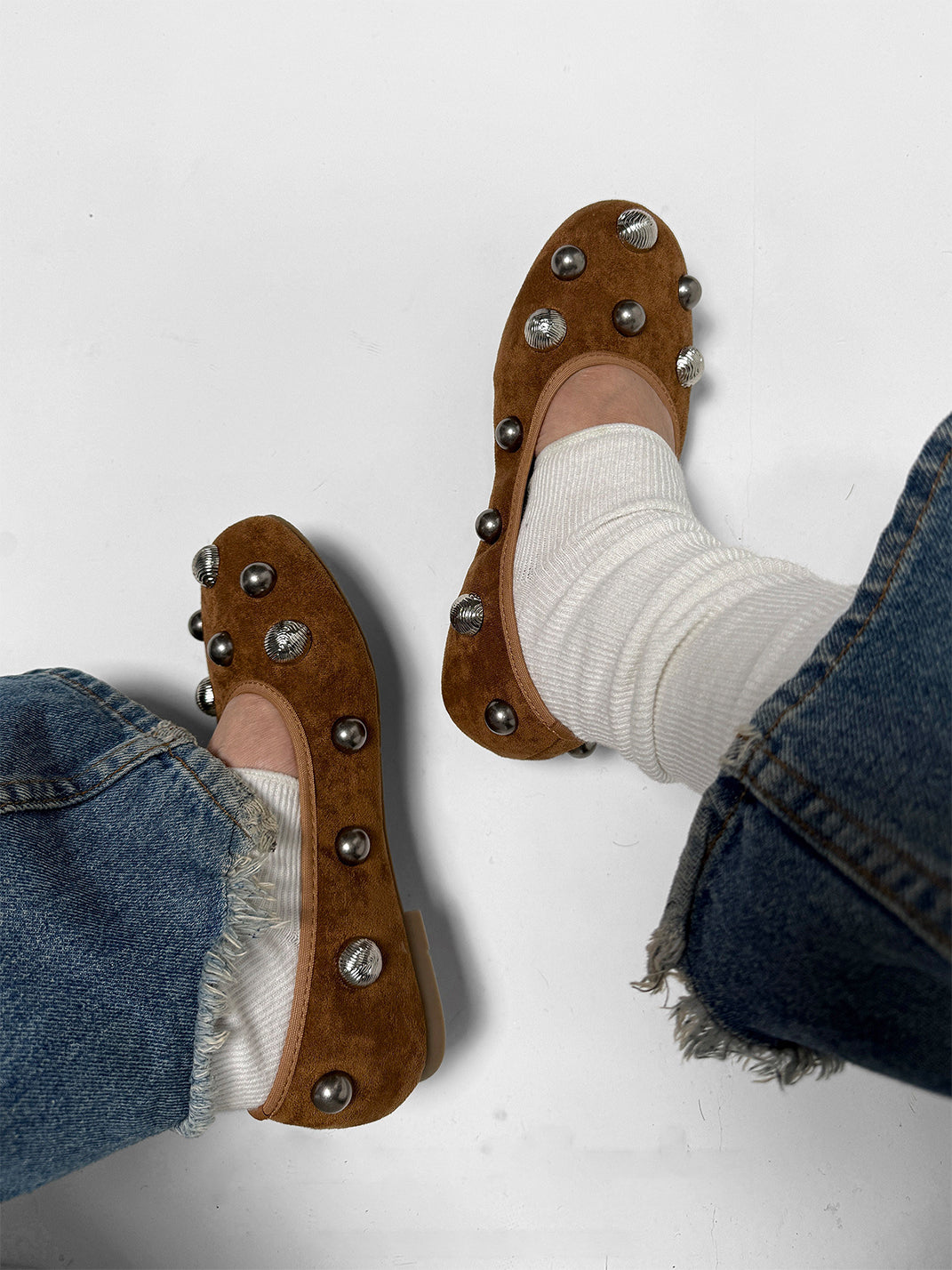 Brown Crystal-Stud Suede Ballet Flats - Skipkicks