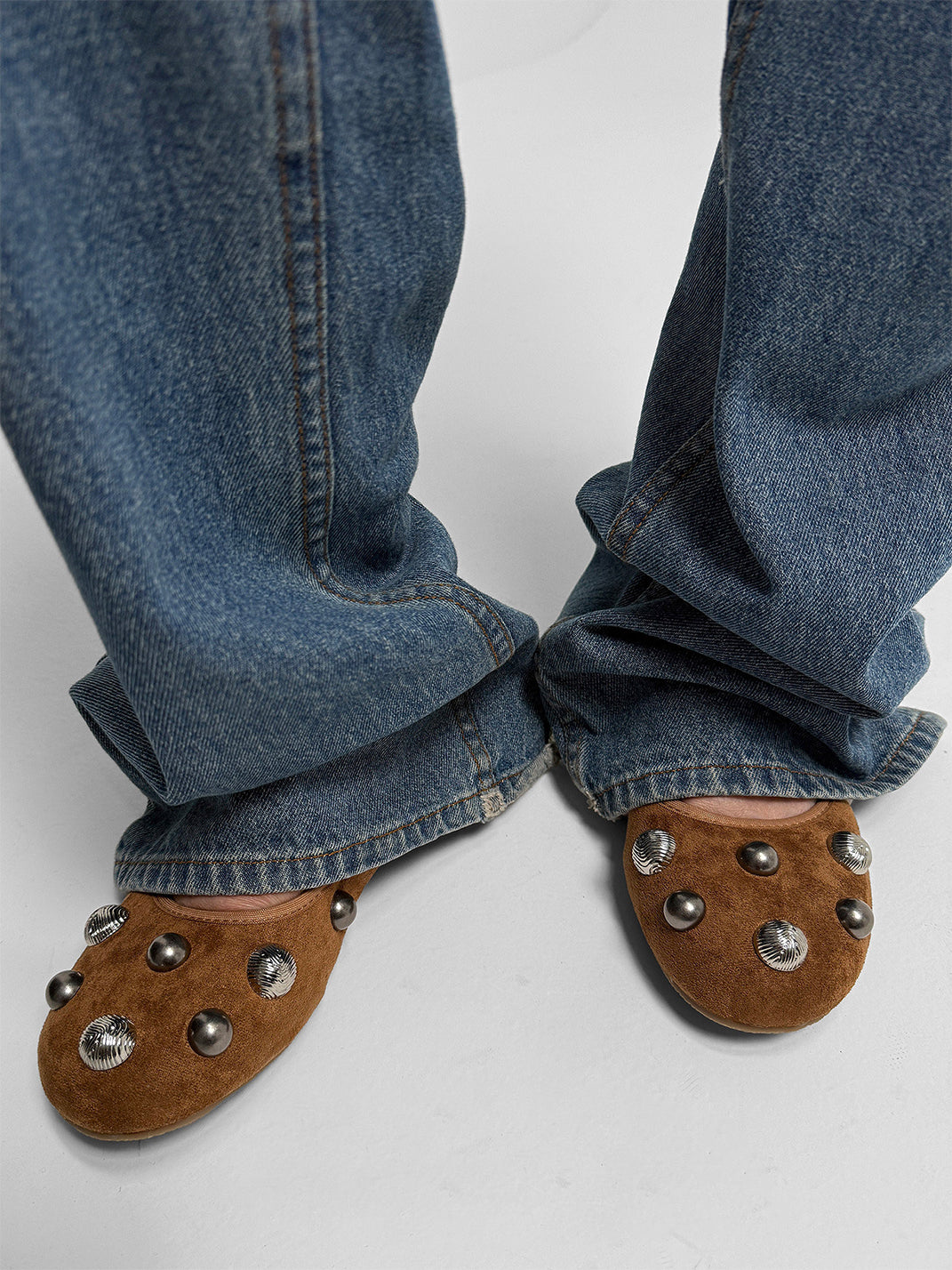 Brown Crystal-Stud Suede Ballet Flats - Skipkicks