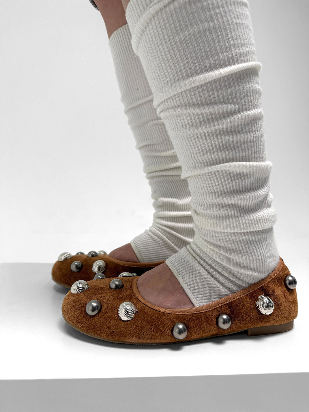 Brown Crystal-Stud Suede Ballet Flats - Skipkicks