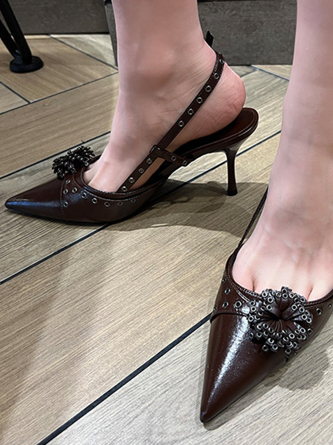 Brown Floral Pointed-Toe Slingback Heels - Skipkicks