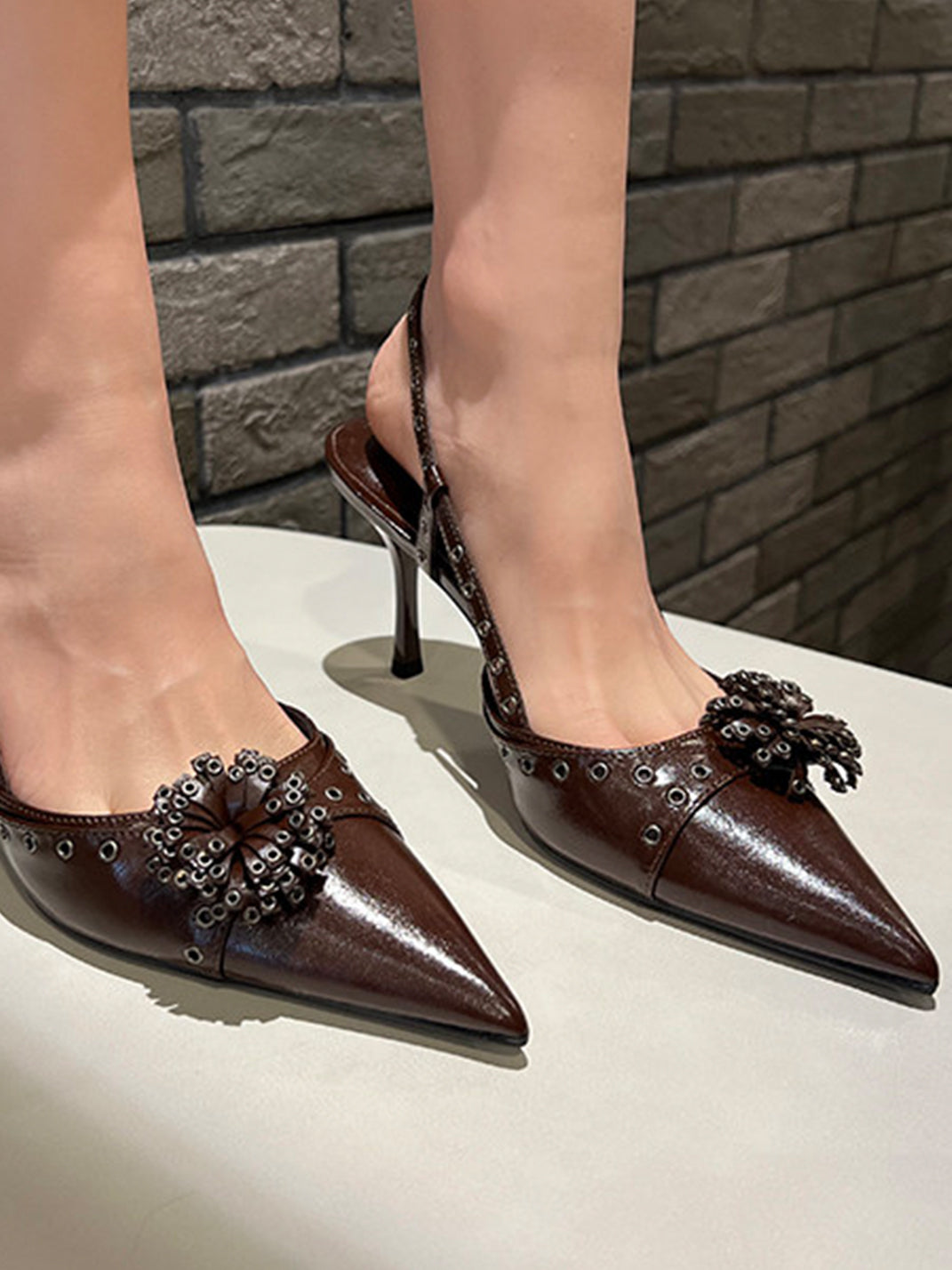 Brown Floral Pointed-Toe Slingback Heels - Skipkicks