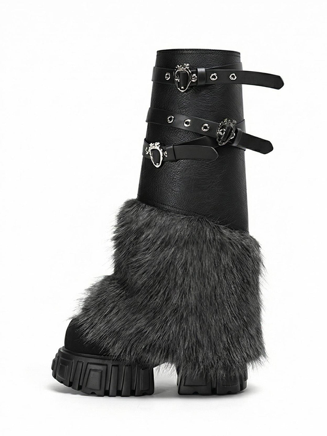 Buckle-Strap Faux-Fur Platform Calf Boots - Skipkicks