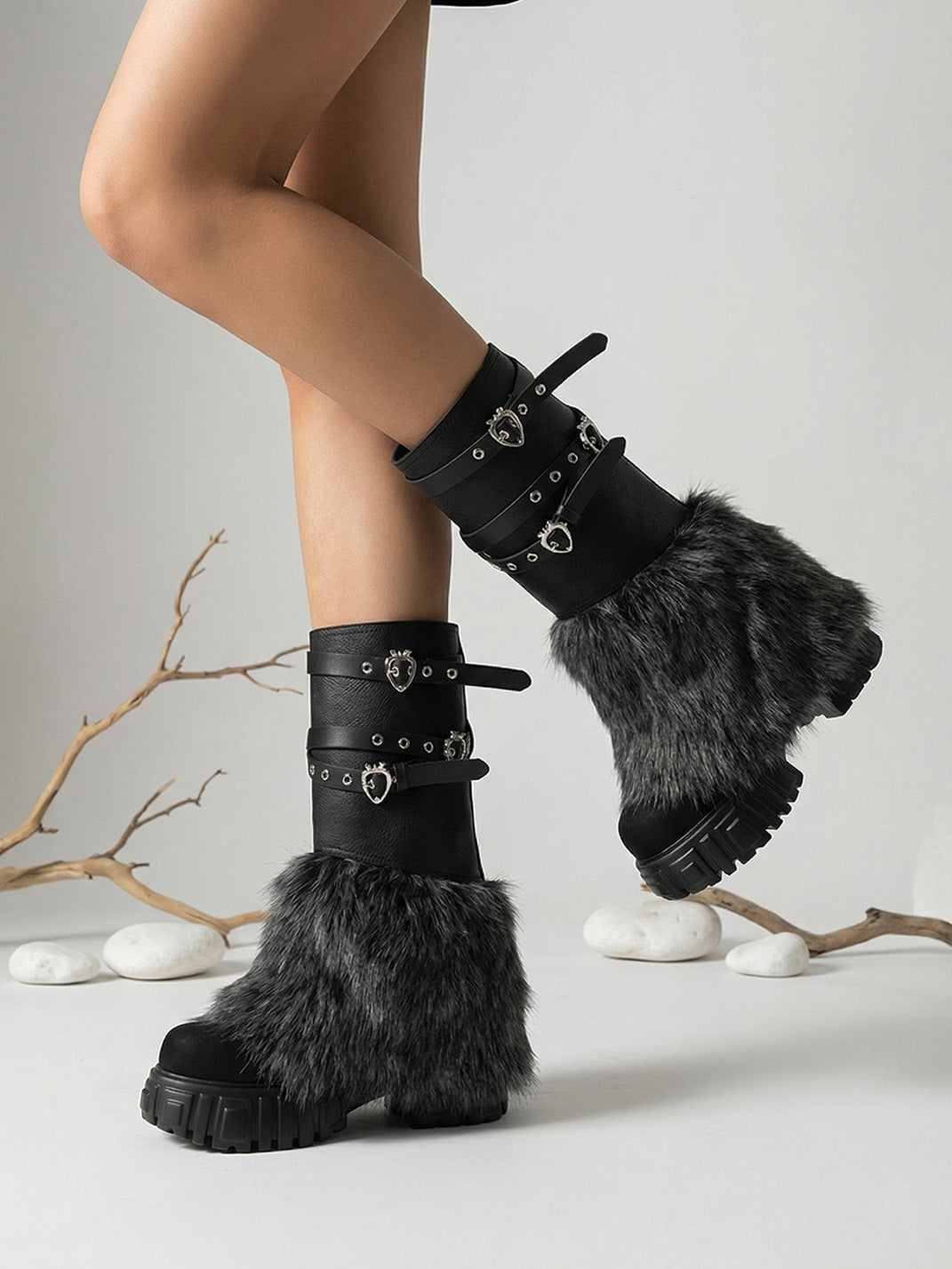 Buckle-Strap Faux-Fur Platform Calf Boots - Skipkicks