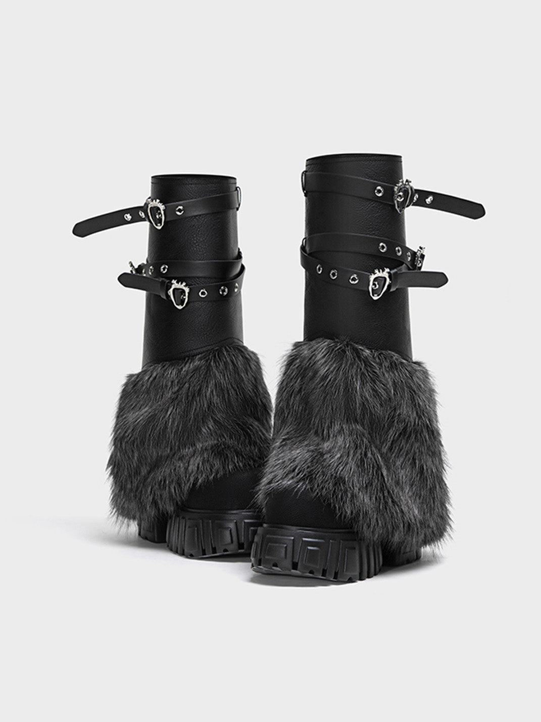 Buckle-Strap Faux-Fur Platform Calf Boots - Skipkicks